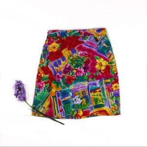 VINTAGE HighWaisted Red Drawing Print Wrap Skirt